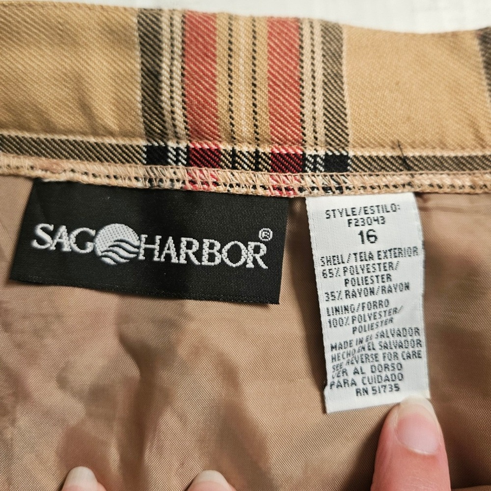 Sag Harbor Plaid Midi Skirt Womens 16 Tan Red Black Bias Cut Lined Elastic Waist - Picture 3 of 9